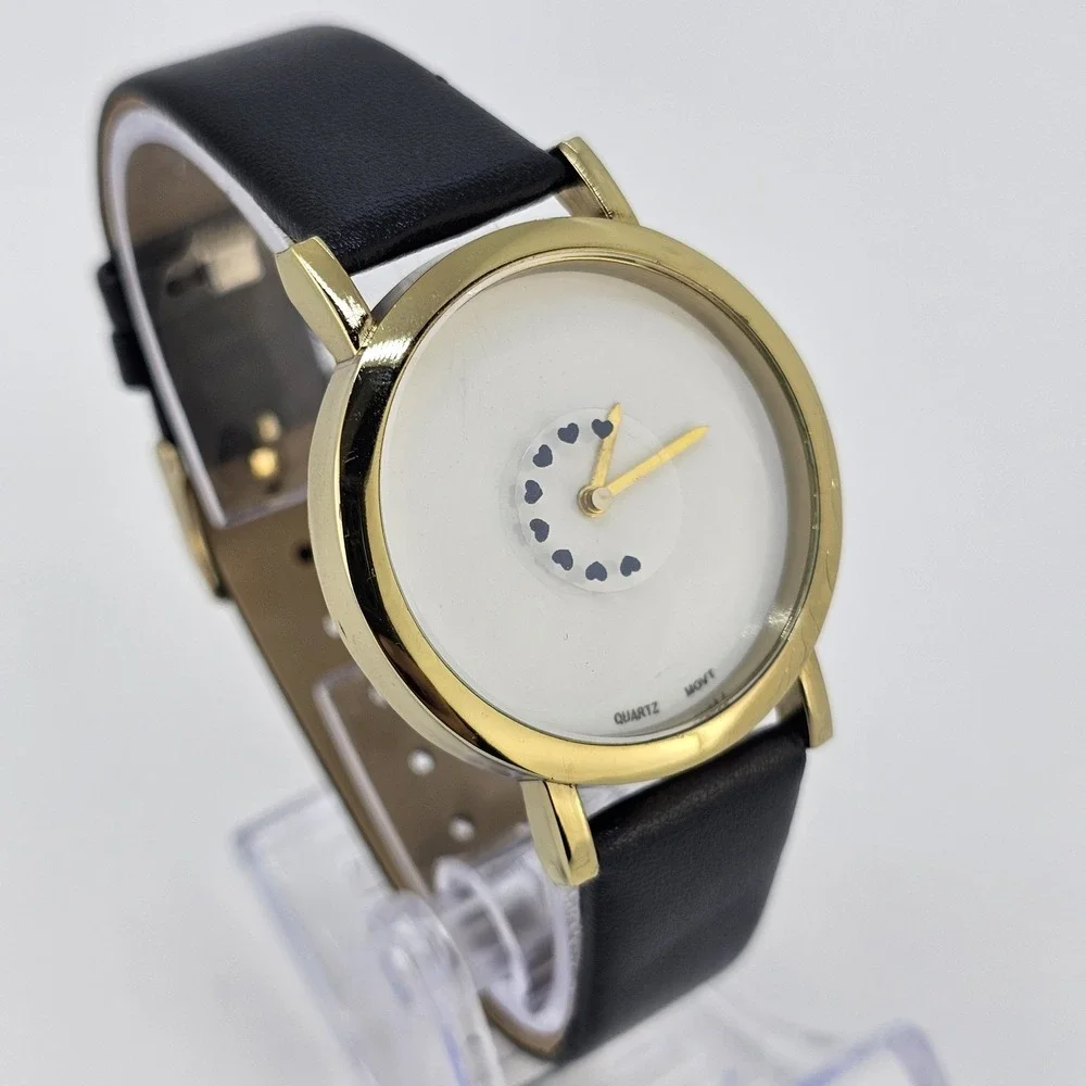 Women's Hearts Analog Watch 38MM White Dial Black Faux Leather Bands NEW Battery
